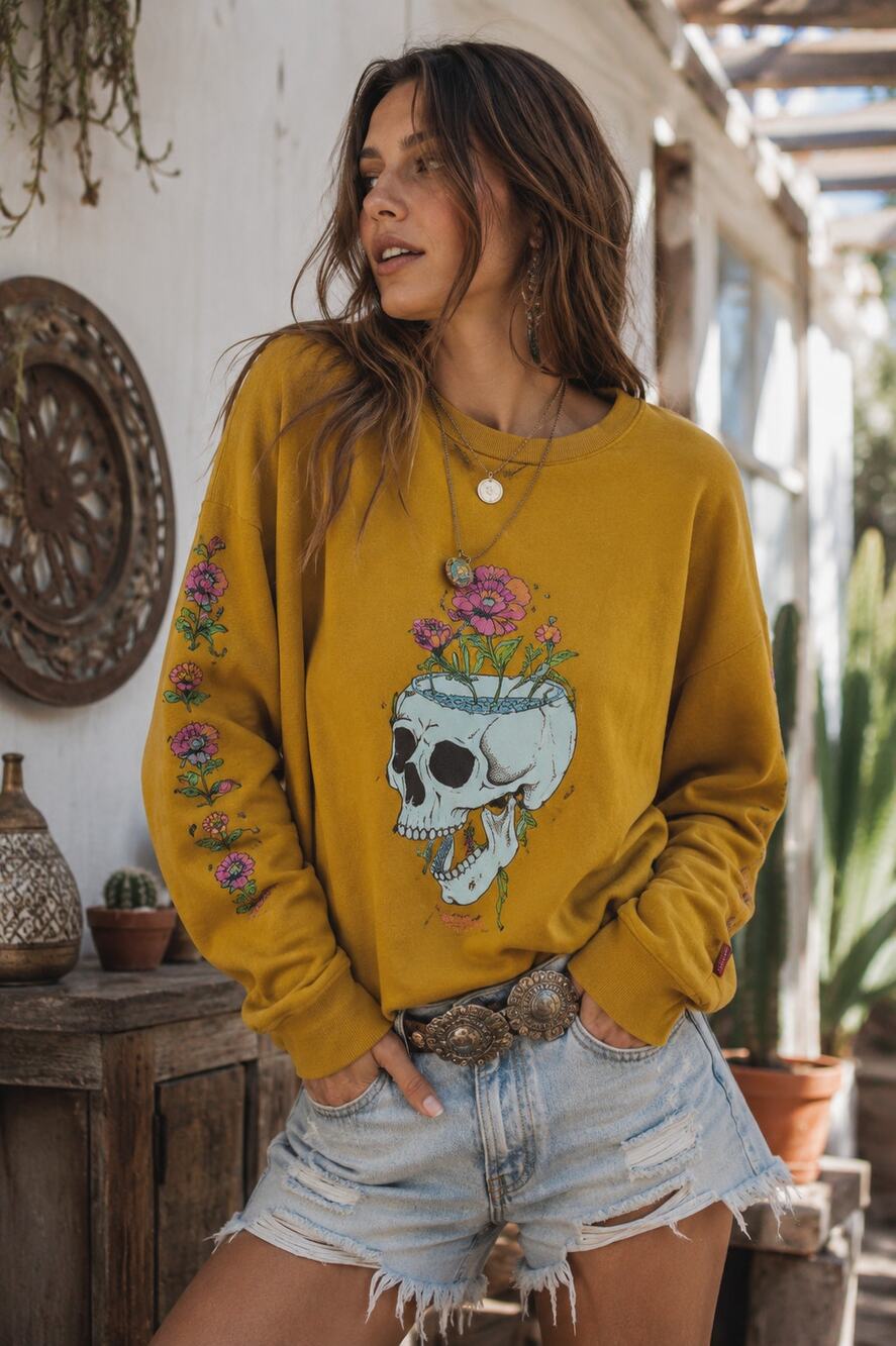 Levi's Graphic Sweatshirt Medium Mustard Floral Skull Crewneck Pullover Boho